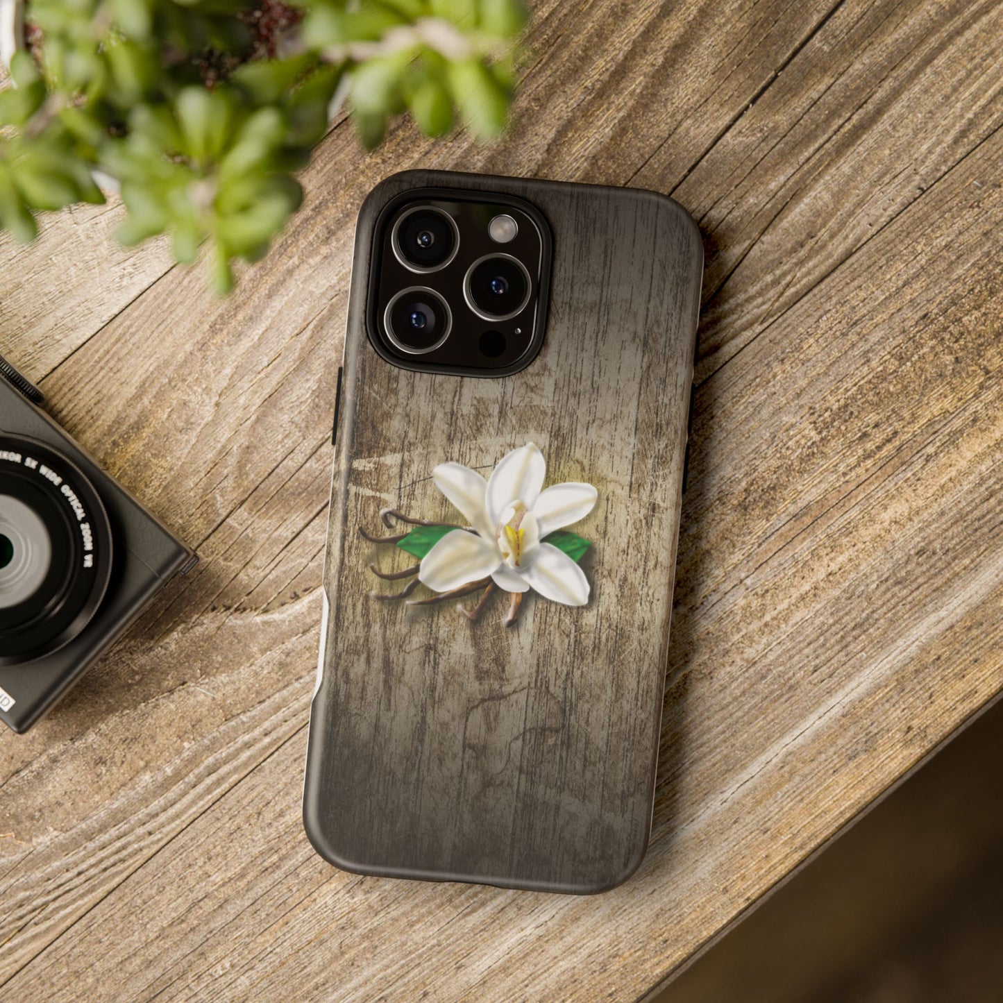 Tough Cases: Elegant Vanilla Flower Floral Wood Grain Phone Case