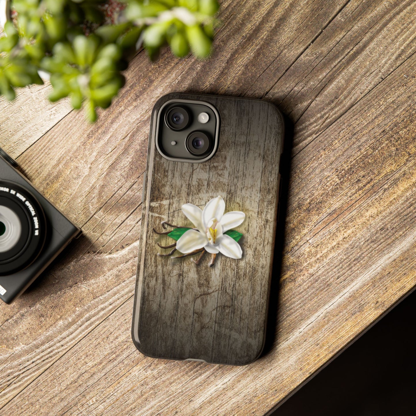Tough Cases: Elegant Vanilla Flower Floral Wood Grain Phone Case