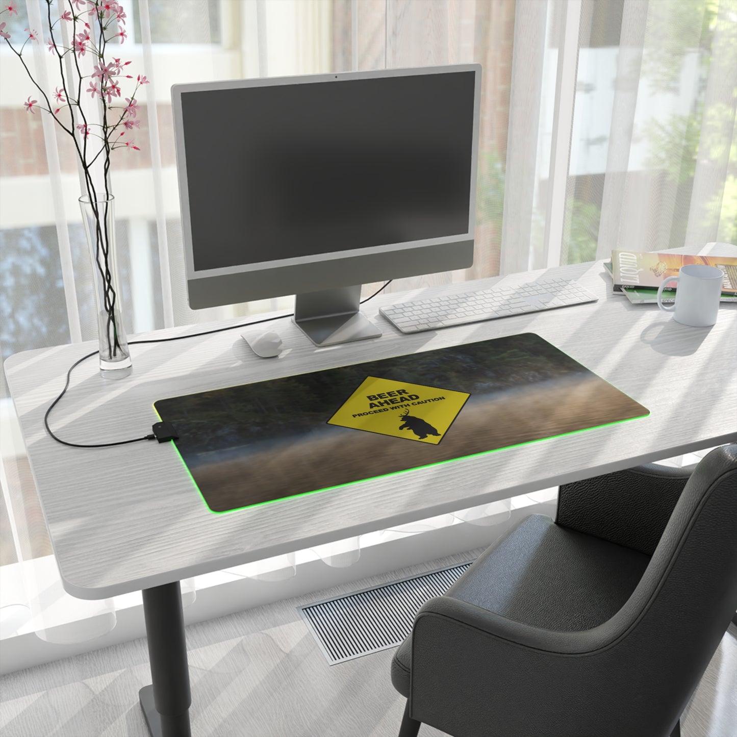 LED Gaming Mouse Pad - 'Beer Ahead' Design with Caution Sign