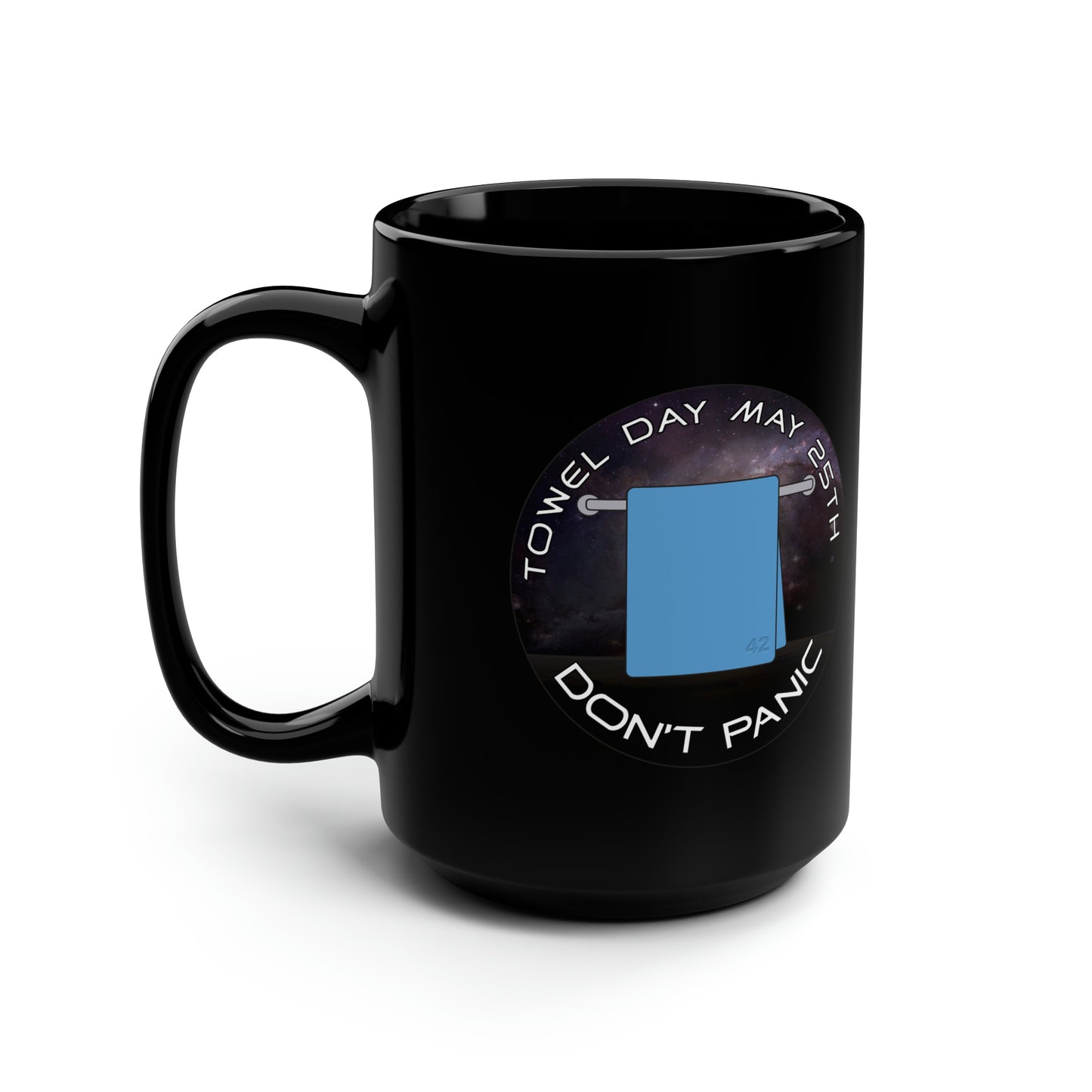 Towel Day - Don't Panic Black Mug, 15oz