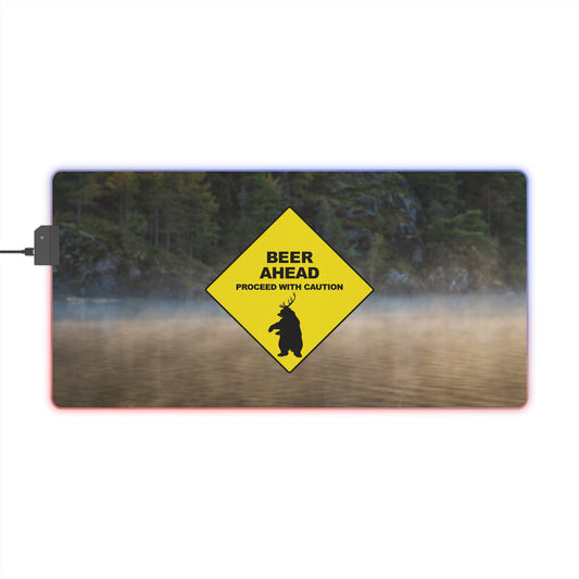 LED Gaming Mouse Pad - 'Beer Ahead' Design with Caution Sign