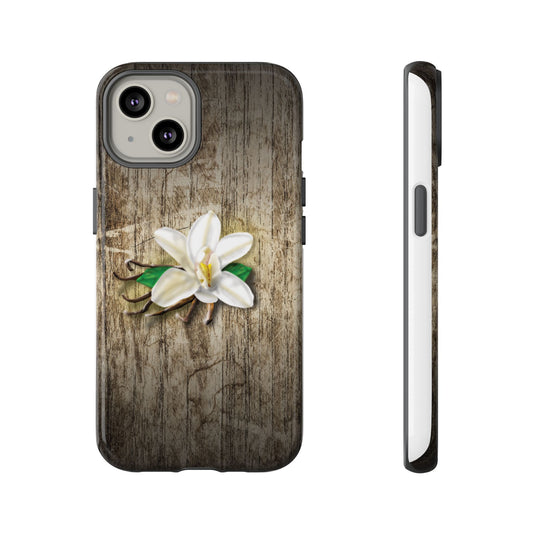 Tough Cases: Elegant Vanilla Flower Floral Wood Grain Phone Case