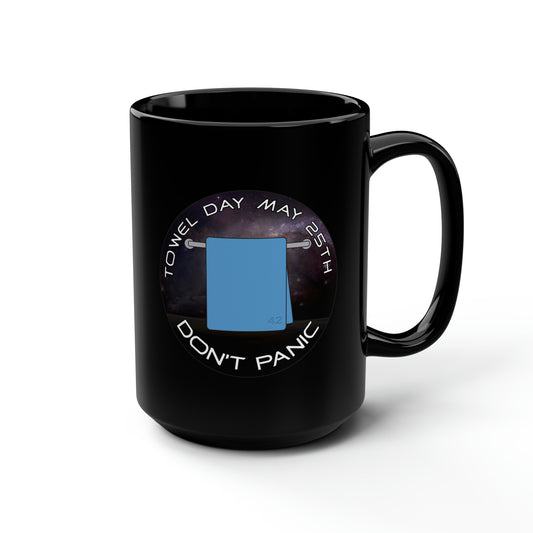 Towel Day - Don't Panic Black Mug, 15oz